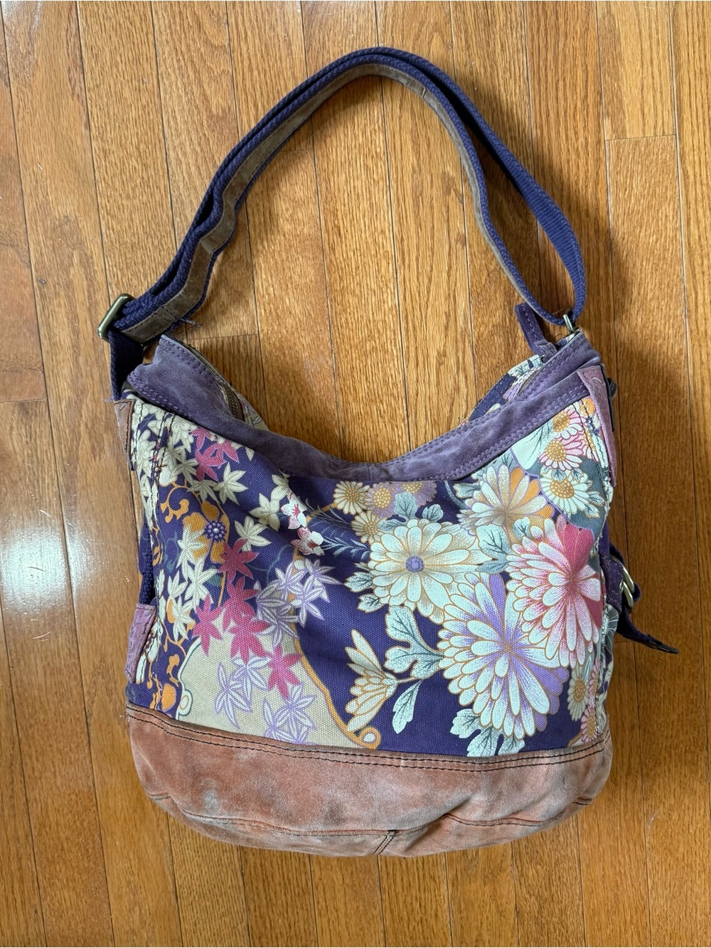 Vintage Lucky Brand Floral Canvas Suede Hobo Bag Purse Crossbody Shoulder Y2K
